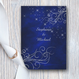 Elegant Blue Silver Star Swirl Bröllop Inbjudningar