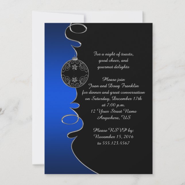 Elegant Blue Silver Swirls Black jul Party Inbjudningar (Framsida)