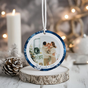 Elegant Blue Snowflake Dubbla Side Julfoto Julgransprydnad Keramik