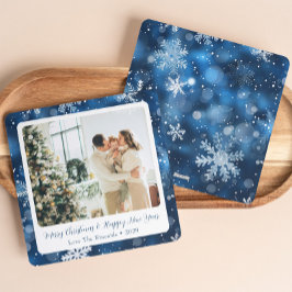 Elegant Blue Snowflake Helgdag Card med foto Julkort