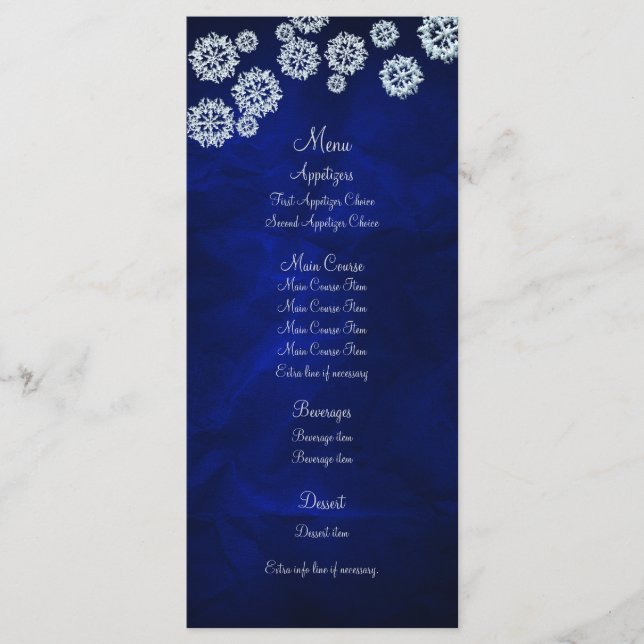 Elegant Blue Snowflake Winter Wedding Menu Meny (Framsida)