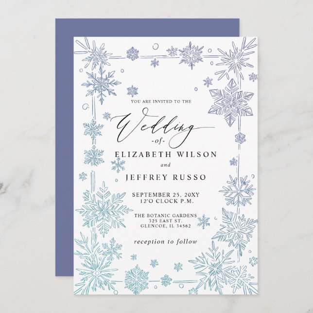 Elegant Blue snowflakes Winter Wedding Inbjudningar (Fram/baksida)