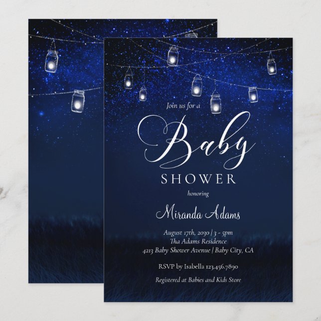 Elegant Blue Starry Night Mason Burk Baby Shower Inbjudningar (Fram/baksida)
