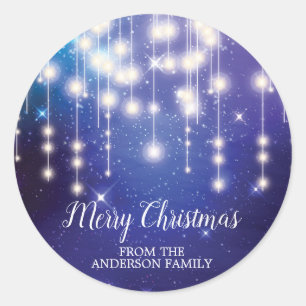 Elegant Blue String Ljus God jul Sticker Runt Klistermärke