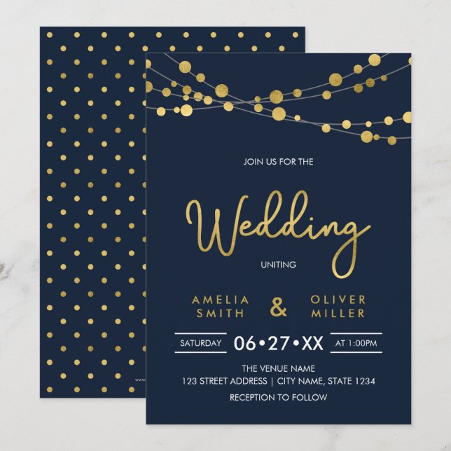 Elegant Blue Strings of Ljus bröllopsinbjudan Inbjudningar (Fram/baksida)