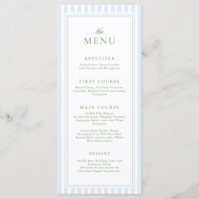Elegant Blue Stripes Bridal Shower Menu Meny (Framsida)
