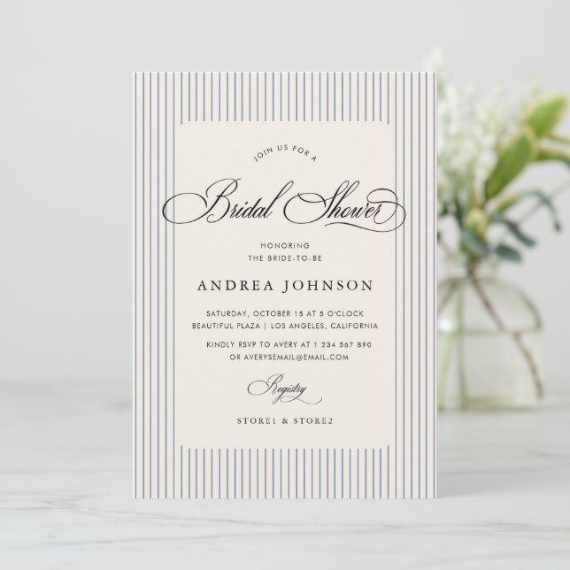 Elegant Blue Stripes Country Club Bridal Shower Inbjudningar (Stående Fram)