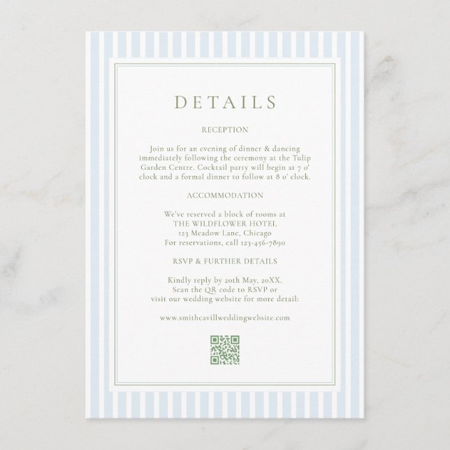 Elegant Blue Stripes Sage Wedding Details Card Tilläggskort (Framsida)