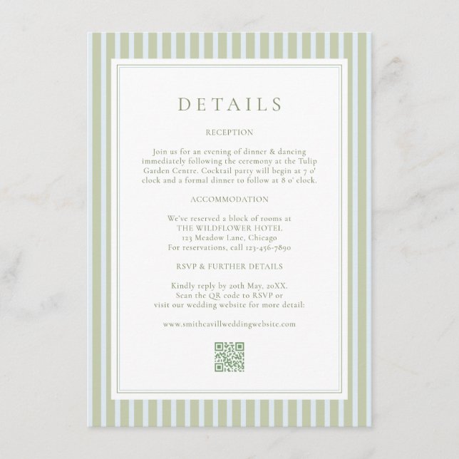 Elegant Blue Stripes Sage Wedding Details Card Tilläggskort (Framsida)