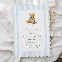 Elegant Blue Stripes Teddy Bear Baby Shower  Inbjudningar