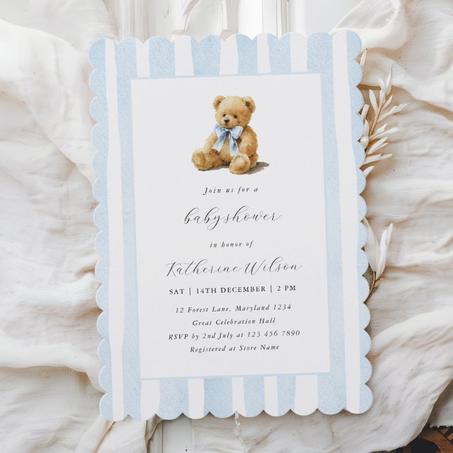 Elegant Blue Stripes Teddy Bear Baby Shower  Inbjudningar (Skapare uppladdad)