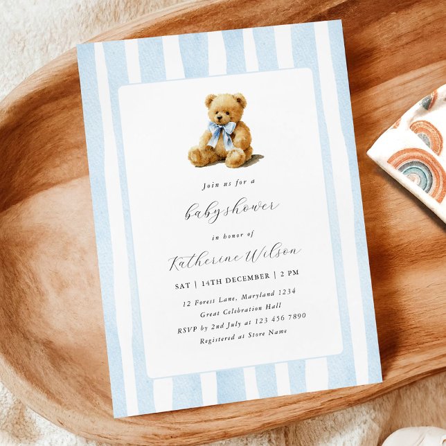 Elegant Blue Stripes Teddy Bear Baby Shower  Inbjudningar (Skapare uppladdad)