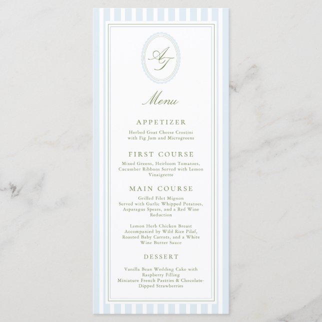 Elegant Blue Stripes Wedding Invitation Meny (Framsida)