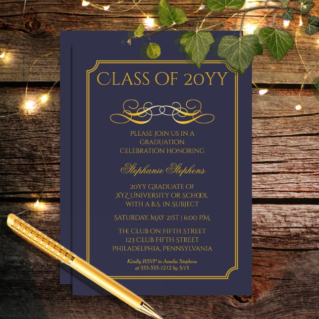 Elegant Blue | STUDENTFESTEN GULD UNIVERSITETEN Inbjudningar (Elegant Blue and Gold Tone College | University Achiever Graduation Party Invitation)