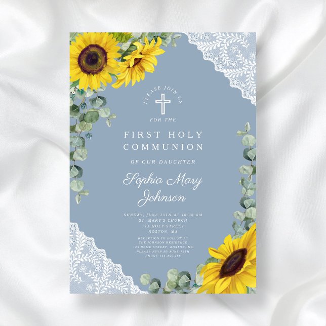 Elegant Blue Sunblommor First Heliga Communion Inbjudningar (Elegant Blue Sunflowers First Holy Communion Invitation)