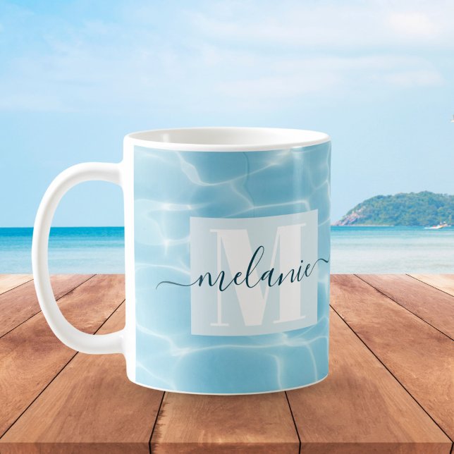Elegant Blue Swimming Monogram Script Kaffemugg (Skapare uppladdad)