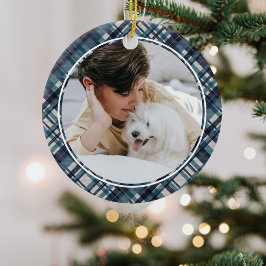 Elegant Blue Tartan Play jul Monogram Photo Julgransprydnad Keramik