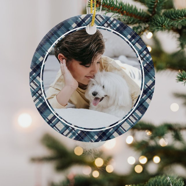 Elegant Blue Tartan Play jul Monogram Photo Julgransprydnad Keramik (Skapare uppladdad)