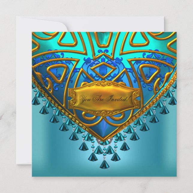 Elegant Blue Teal Aqua Guld Tillfällen Inbjudningar (Framsida)