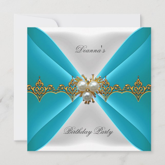 Elegant Blue Teal Birthday Guld judel White Silke Inbjudningar (Framsida)