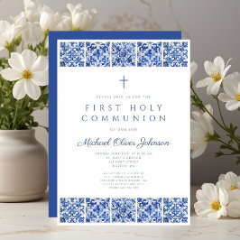 Elegant Blue Tiles Boy First Communion Inbjudningar