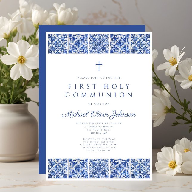 Elegant Blue Tiles Boy First Communion Inbjudningar (Elegant Blue Tiles Boy First Communion Invitation)