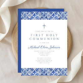 Elegant Blue Tiles Boy First Communion Inbjudningar