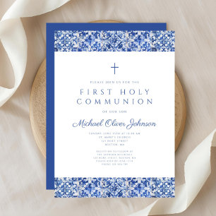 Elegant Blue Tiles Boy First Communion Inbjudningar