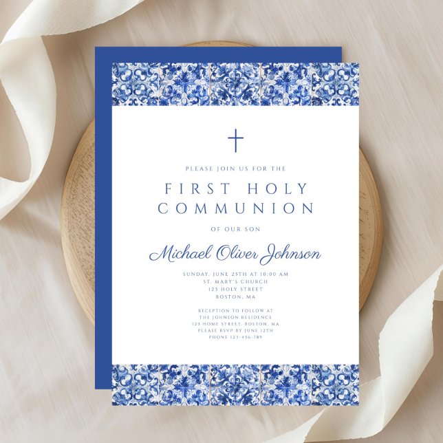 Elegant Blue Tiles Boy First Communion Inbjudningar (Elegant Blue Tiles Boy First Communion Invitation)