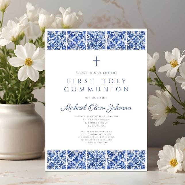 Elegant Blue Tiles Boy First Communion Inbjudningar (Elegant Blue Tiles Boy First Communion Invitation)