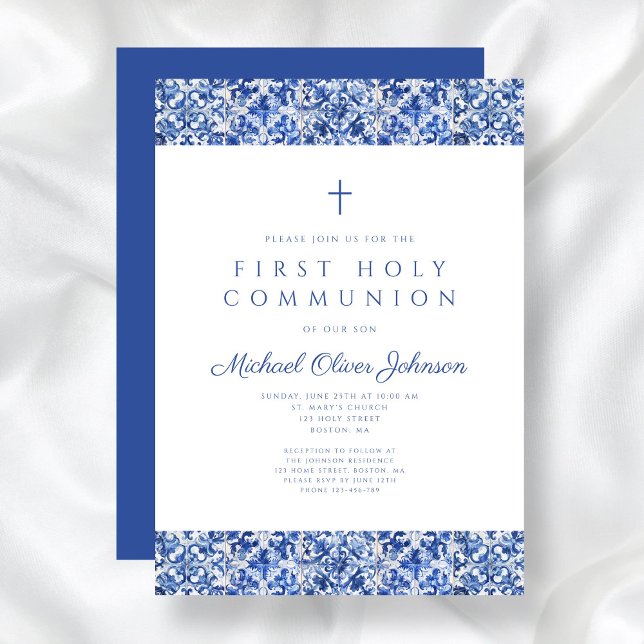 Elegant Blue Tiles Boy First Communion Inbjudningar (Elegant Blue Tiles Boy First Communion Invitation)