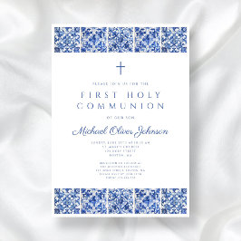 Elegant Blue Tiles Boy First Communion Inbjudningar