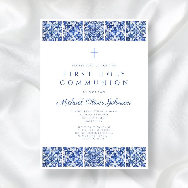 Elegant Blue Tiles Boy First Communion Inbjudningar (Elegant Blue Tiles Boy First Communion Invitation)