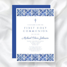 Elegant Blue Tiles Boy First Communion Inbjudningar