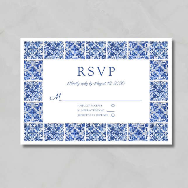 Elegant Blue Tiles Bröllop OSA Kort (Elegant Blue Tiles Wedding RSVP Card)