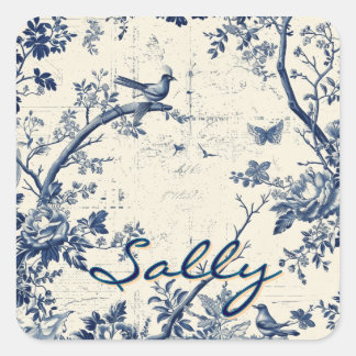Elegant Blue Toile Bird Floral Pattern Fyrkantigt Klistermärke