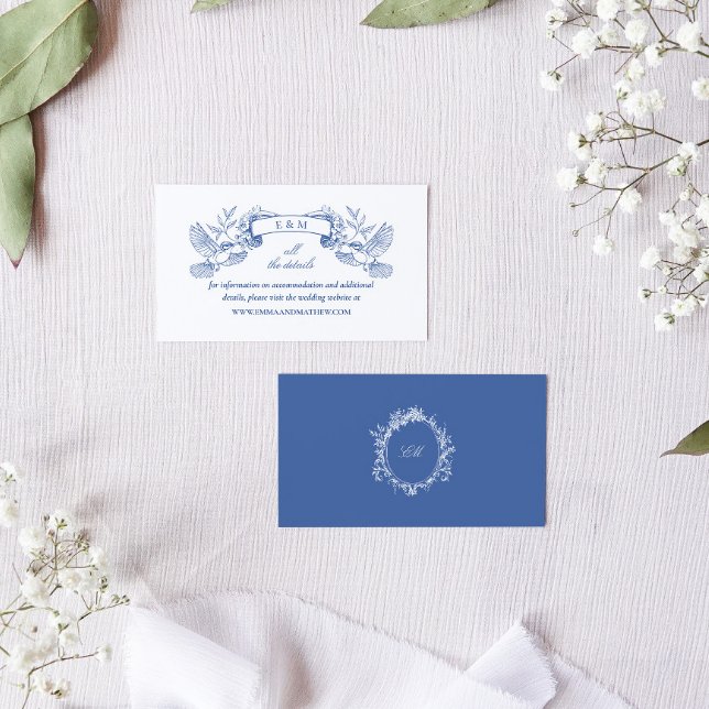 Elegant Blue Toile Birds Baroque Bröllop webbplats Tilläggskort (Details enclosure card for a blue chinoiserie wedding invitation suite)