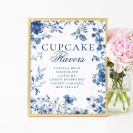Elegant Blue Toile Chinoiserie Cupcake Flavor Sign Poster