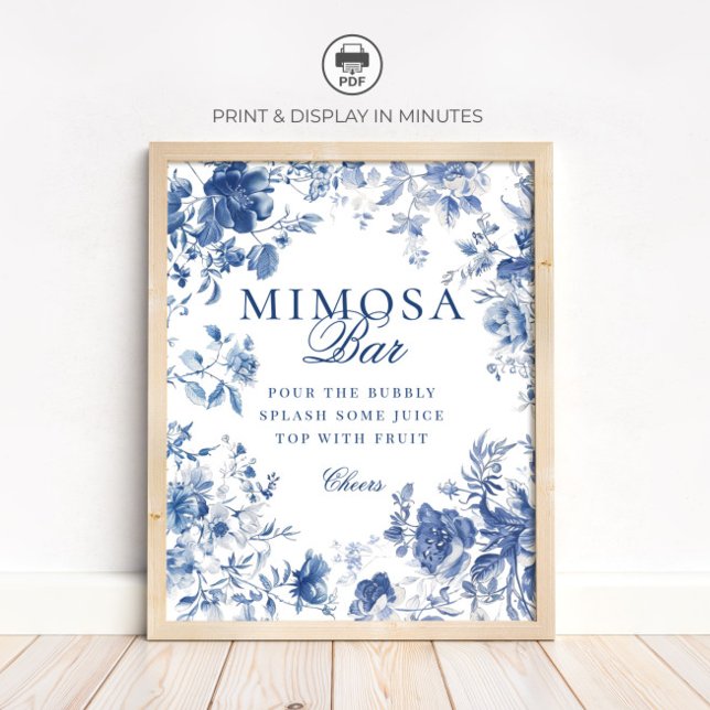 Elegant Blue Toile Chinoiserie Mimosa Bar Sign Poster (Skapare uppladdad)