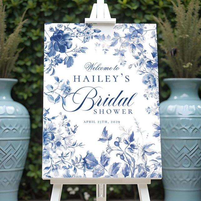 Elegant Blue Toile Chinoiserie Möhippa Sign Poster (Skapare uppladdad)