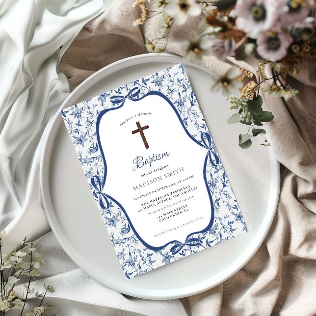 Elegant Blue Toile de jouy baptism Inbjudningar (Skapare uppladdad)