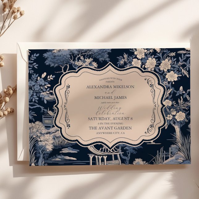 Elegant Blue Toile De Jouy Bröllop Inbjudningar (Skapare uppladdad)