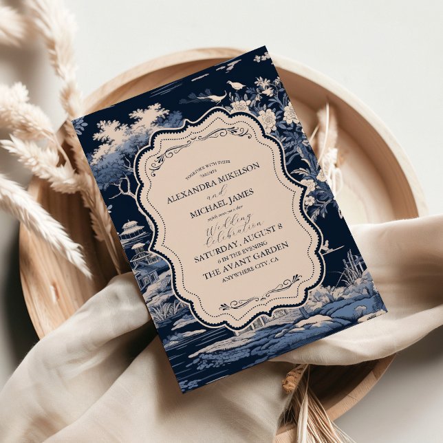 Elegant Blue Toile De Jouy Bröllop Inbjudningar (Skapare uppladdad)