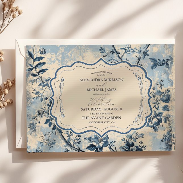 Elegant Blue Toile De Jouy Bröllop Inbjudningar (Skapare uppladdad)