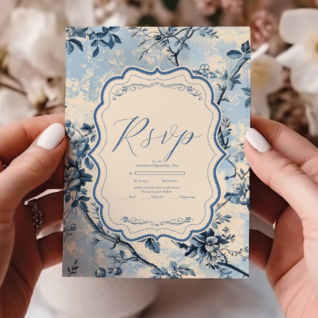Elegant Blue Toile De Jouy Bröllop OSA Kort (Skapare uppladdad)