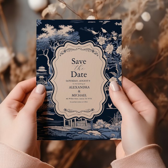 Elegant Blue Toile De Jouy Bröllop Spara Datumet (Skapare uppladdad)