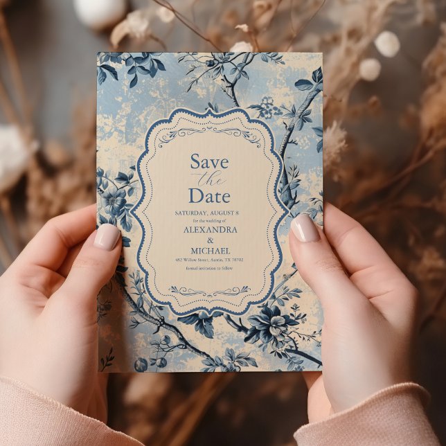 Elegant Blue Toile De Jouy Bröllop Spara Datumet (Skapare uppladdad)