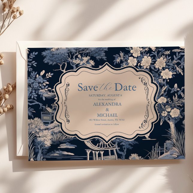 Elegant Blue Toile De Jouy Bröllop Spara Datumet (Skapare uppladdad)