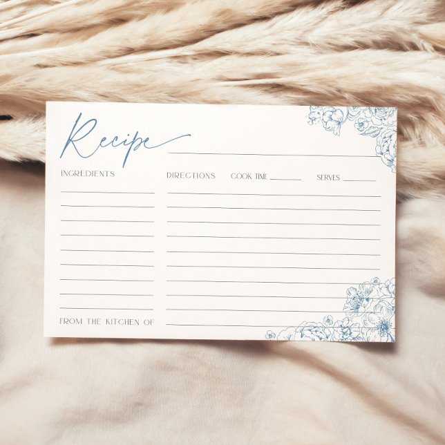 Elegant Blue Toile de Jouy Möhippa Recept Card Inbjudningar (Recipe card with blue floral toile de jouy pattern for an french elegant bridal shower)