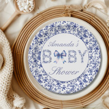 Elegant Blue Toile de Jouy och Bow Baby Shower